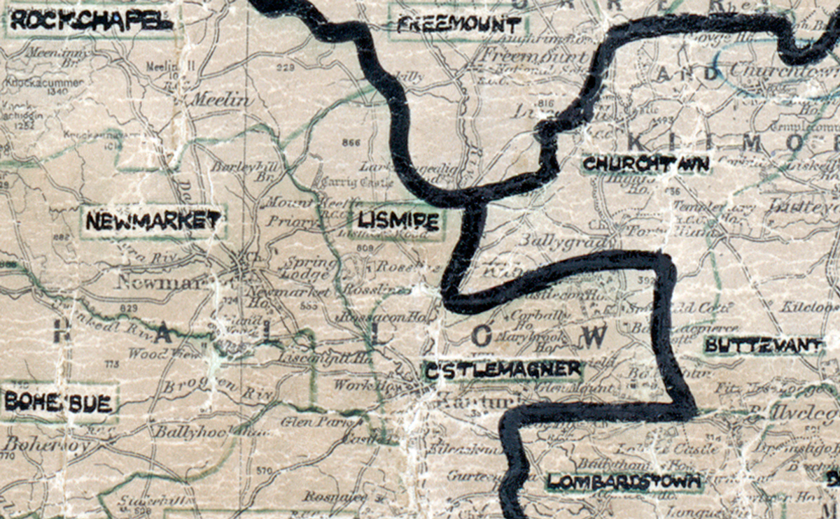 A scanned, worn historical map from the 1940s of the  rural electrification area around Lismire. A hand‑drawn boundary outlines the region, including Rockchapel, Freemount, Newmarket, Churchtown, Buttevant, Boherbue  and Lombardstown.