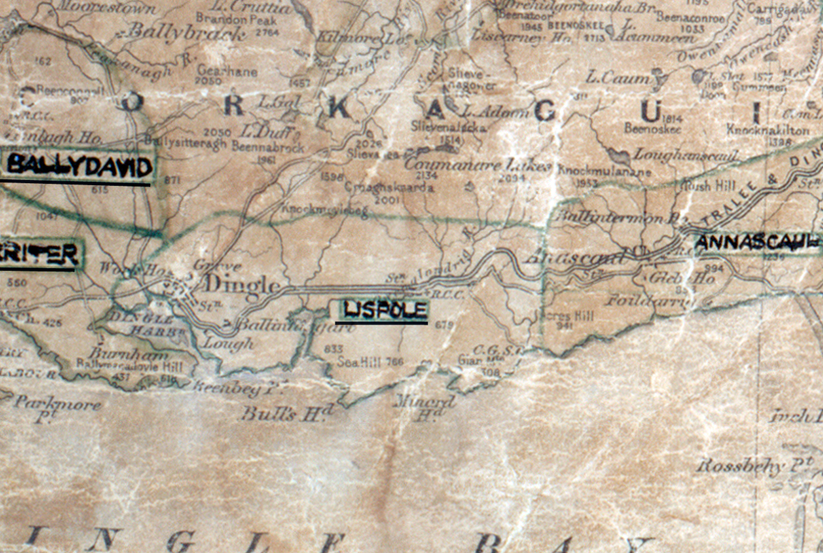 A scanned, worn historical map from the 1940s of the  rural electrification area around Lispole. A hand‑drawn boundary outlines the region, including Ballydavid and Annascaul.