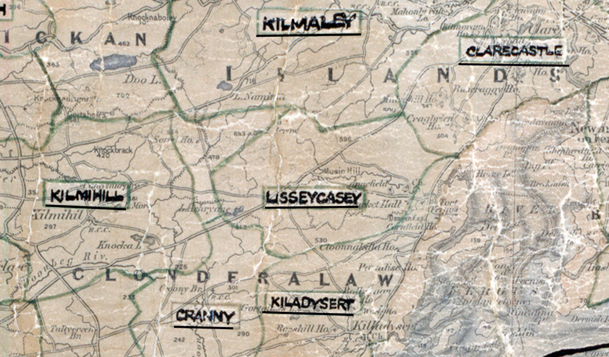 A scanned, worn historical map from the 1940s of the rural electrification area around Lisseycasey. A hand‑drawn boundary outlines the region, including Kilmaley, Clarecastle, Kilmihil, Cranny, and Kildysart.