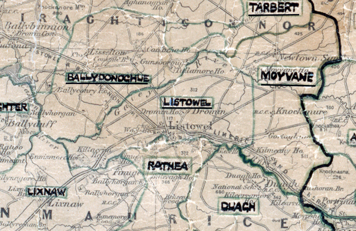 A scanned, worn historical map from the 1940s of the  rural electrification area around Listowel. A hand‑drawn boundary outlines the region, including Tarbert, Ballydonoghue, Lixnaw, Moyvane, Rathea and Duagh.