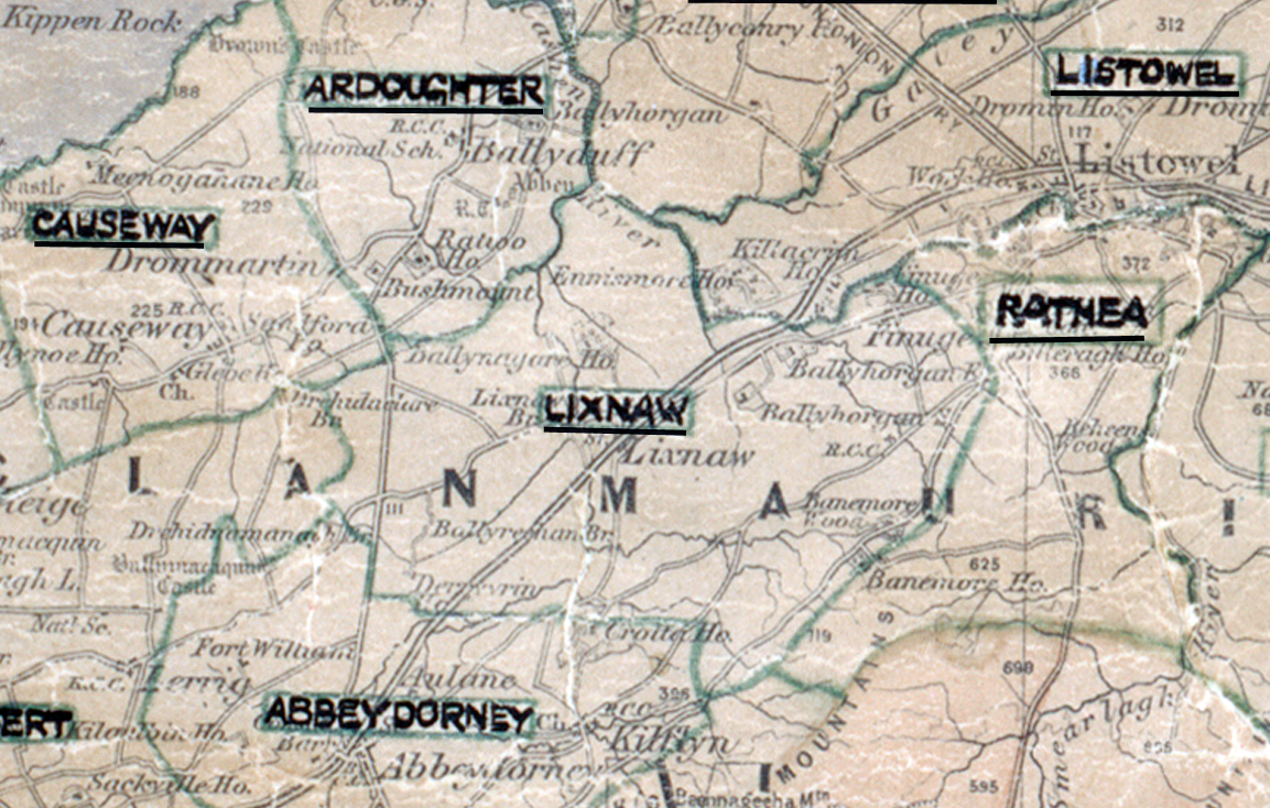 A scanned, worn historical map from the 1940s of the  rural electrification area around Lixnaw. A hand‑drawn boundary outlines the region, including Ardoughter, Causeway, Listowel, Abbeydorney, Rathea and Duagh.