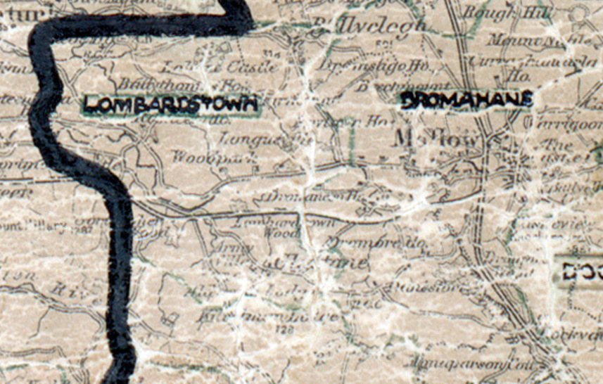 A scanned, worn historical map from the 1940s of the  rural electrification area around Lombardstown. A hand‑drawn boundary outlines the region, including Dromahane.