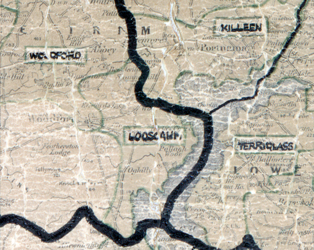 A scanned, worn historical map from the 1940s of the rural electrification area around Looscaun. A hand‑drawn boundary outlines the region, including Killeen, and Terryglass.
