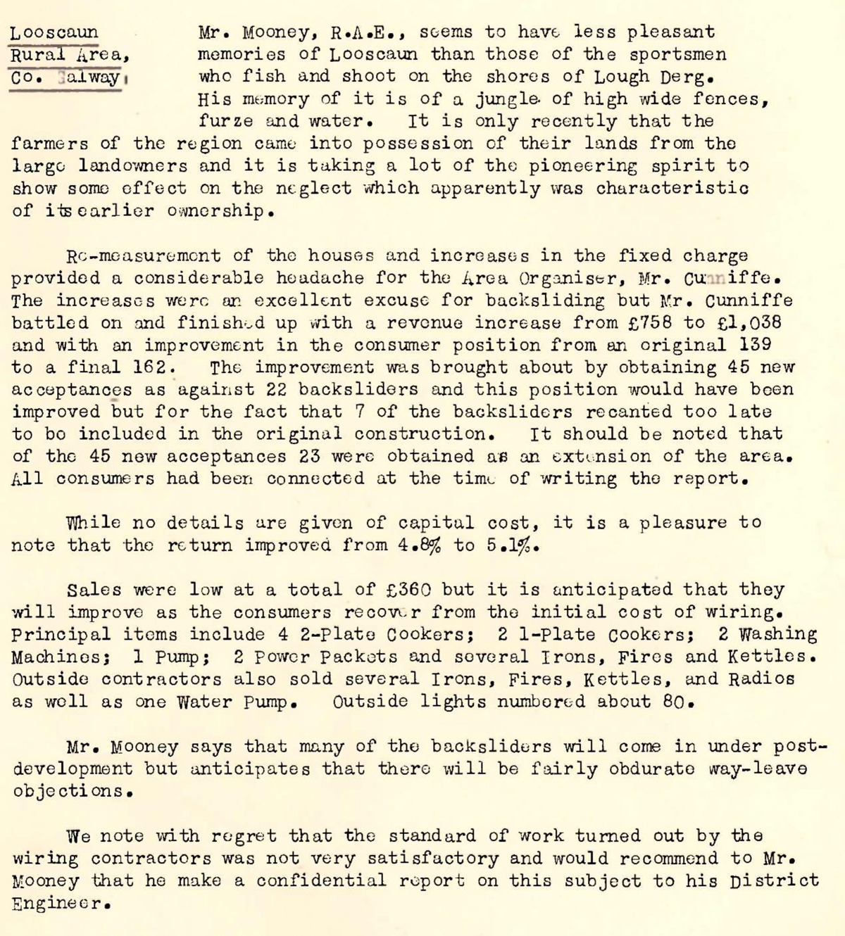 A scanned page from the ESB REO magazine about the Looscaun Rural Area
