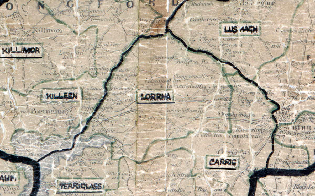 A scanned, worn historical map from the 1940s of the rural electrification area around Lorrha. A hand‑drawn boundary outlines the region, including Killimor, Killeen, Terryglass, Carrig, and Lisnaginn.