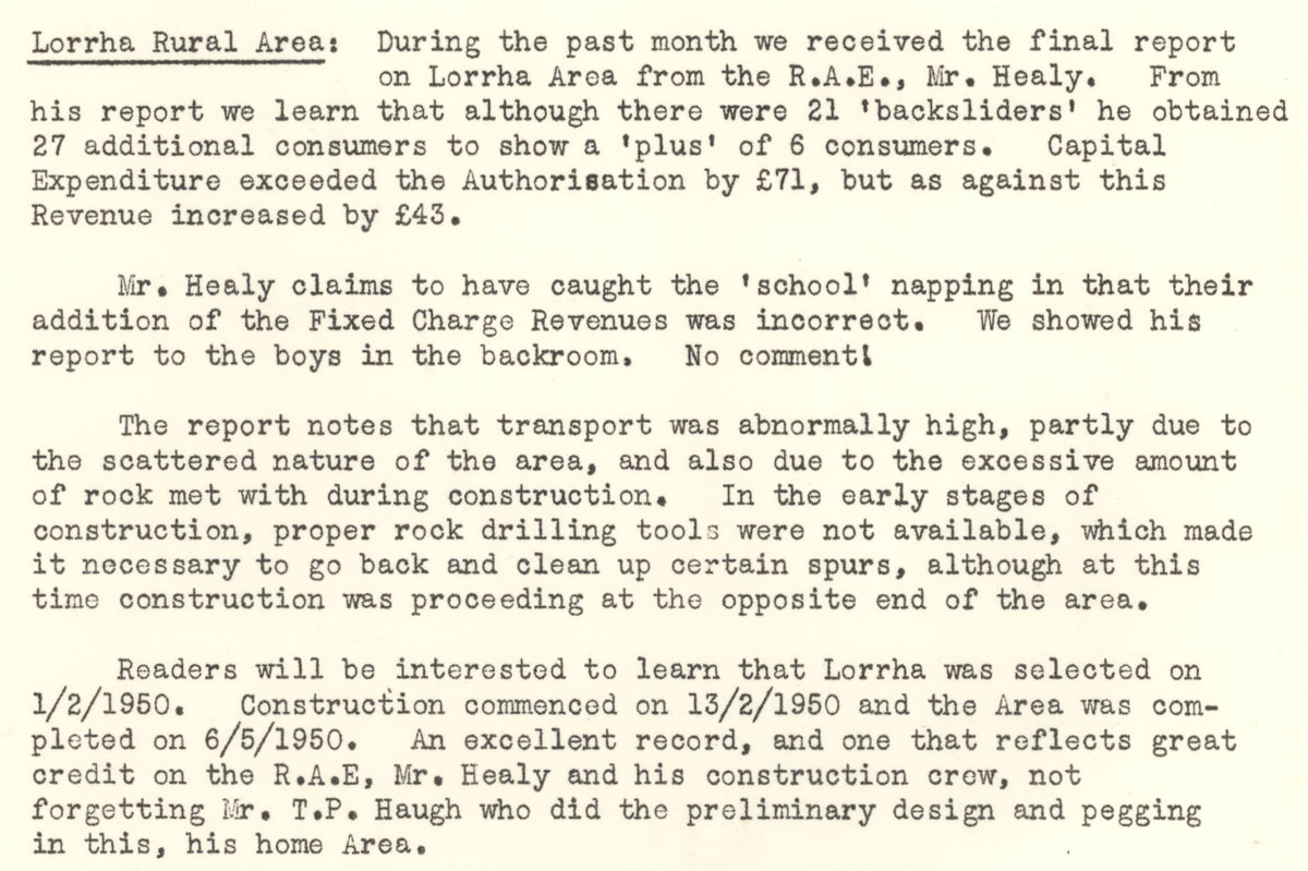 A scanned page from the ESB REO magazine about the Lorrha Rural Area