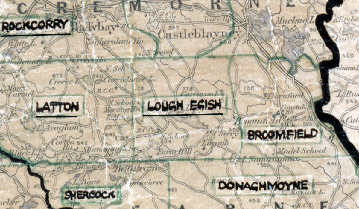 A scanned, worn historical map from the 1940s of the rural electrification area around Lough Egish. A hand‑drawn boundary outlines the region, including Rockcorry, Latton, Broomfield, Donaghmoyne, and Shercock.