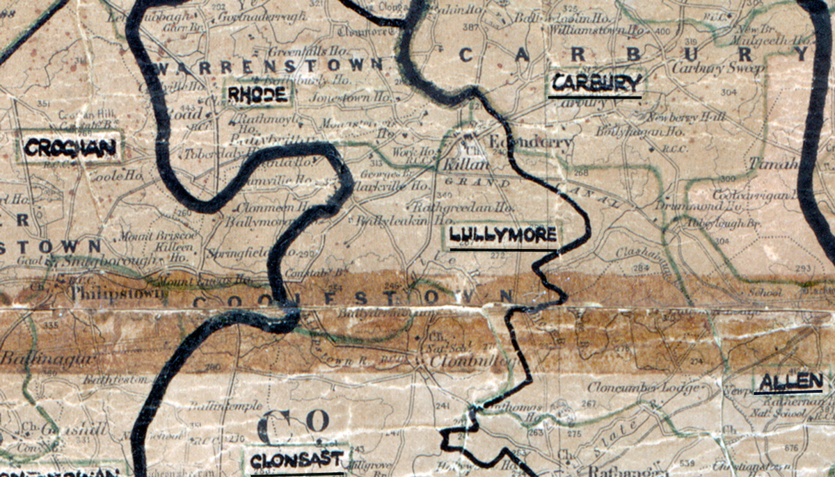 A scanned, worn historical map from the 1940s of the  rural electrification area around Lullymore. A hand‑drawn boundary outlines the region, including Rhode, Carbury, Croghan, Allen and Clonsast.