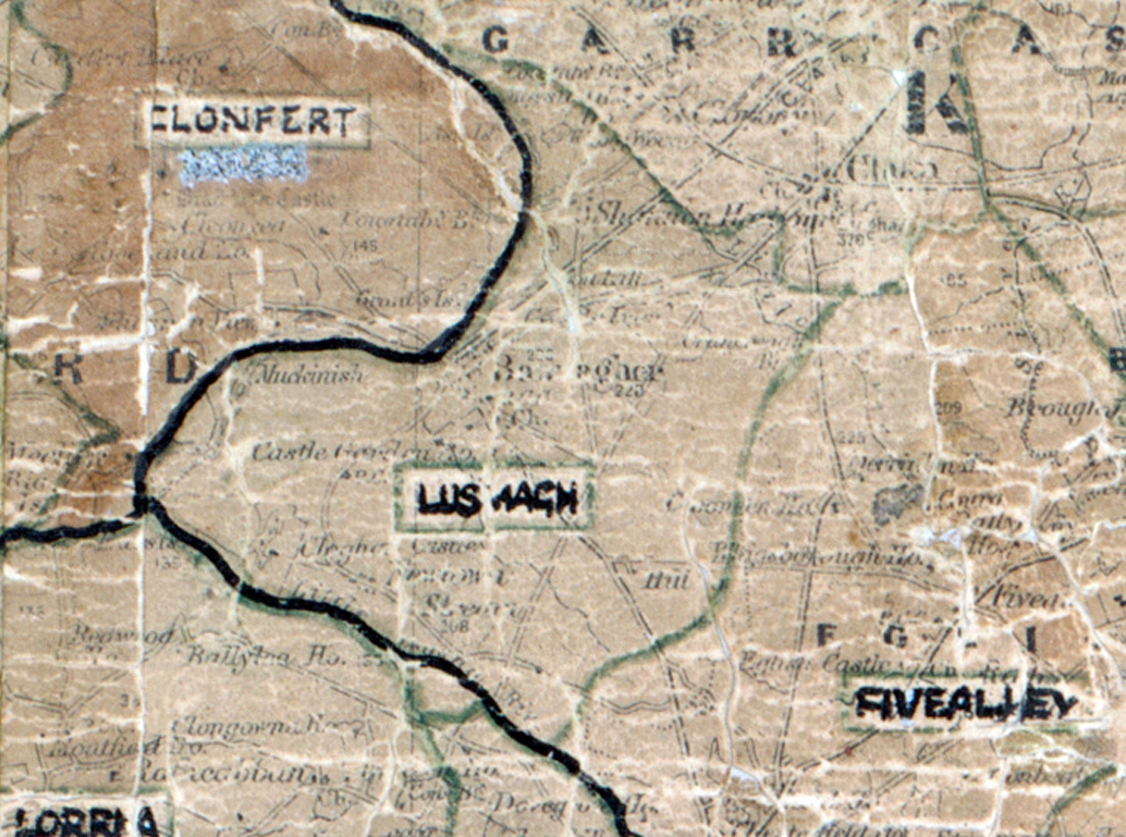 A scanned, worn historical map from the 1940s of the rural electrification area around Lusmagh. A hand‑drawn boundary outlines the region, including Clonfert,  and Fivealley.