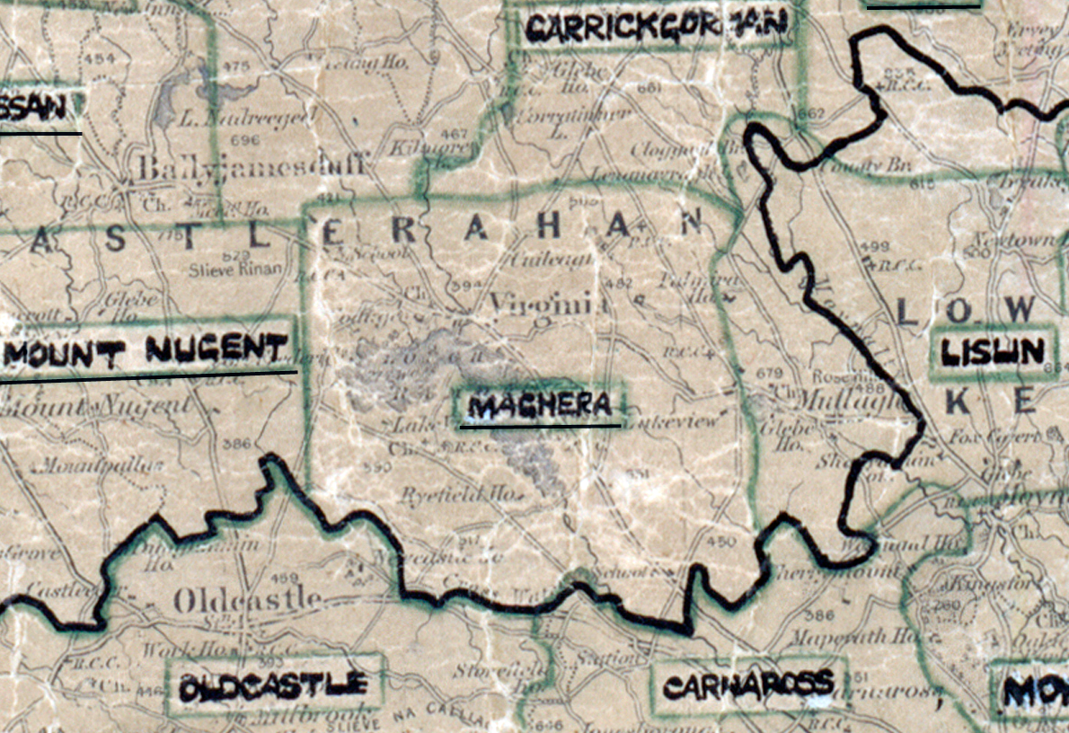 A scanned, worn historical map from the 1940s of the rural electrification area around Maghera. A hand‑drawn boundary outlines the region, including Mount Nugent, Oldcastle, Carrickorpan, Lislin, and Carhaross.