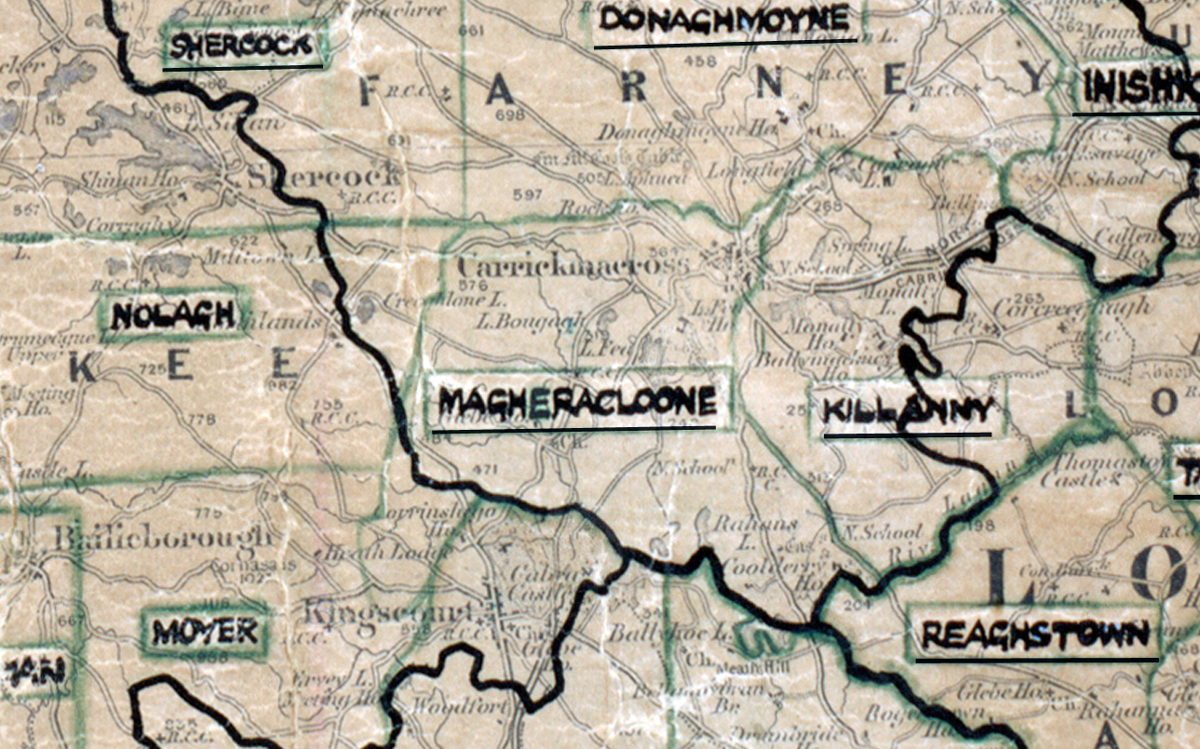 A scanned, worn historical map from the 1940s of the rural electrification area around Maghercloone. A hand‑drawn boundary outlines the region, including Shercock, Donaghmoyne, Inniskeen, Nolagh, Killanny, Reachstown, and Moyer.