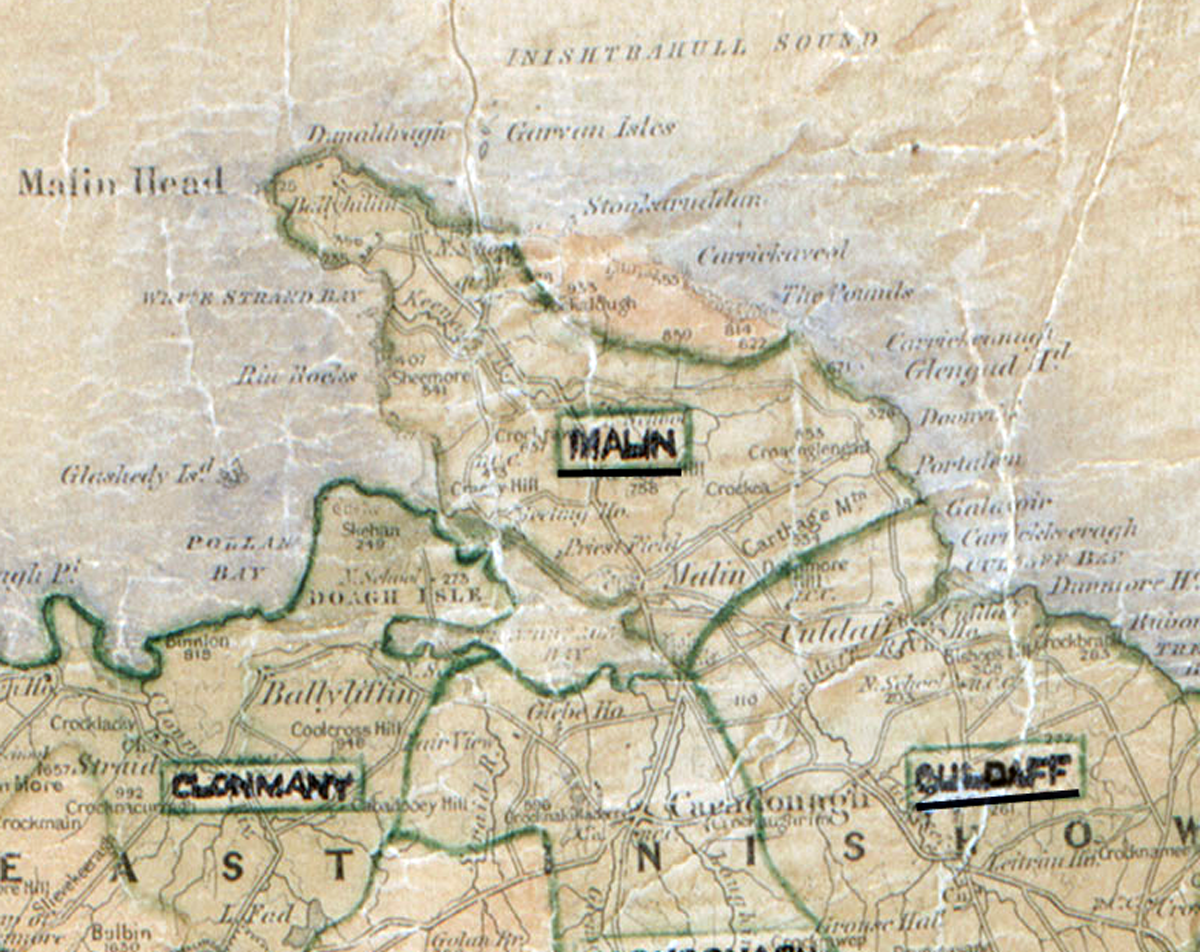 A scanned, worn historical map from the 1940s of the rural electrification area around Malin. A hand‑drawn boundary outlines the region, including Clonmany, and Quldaff.