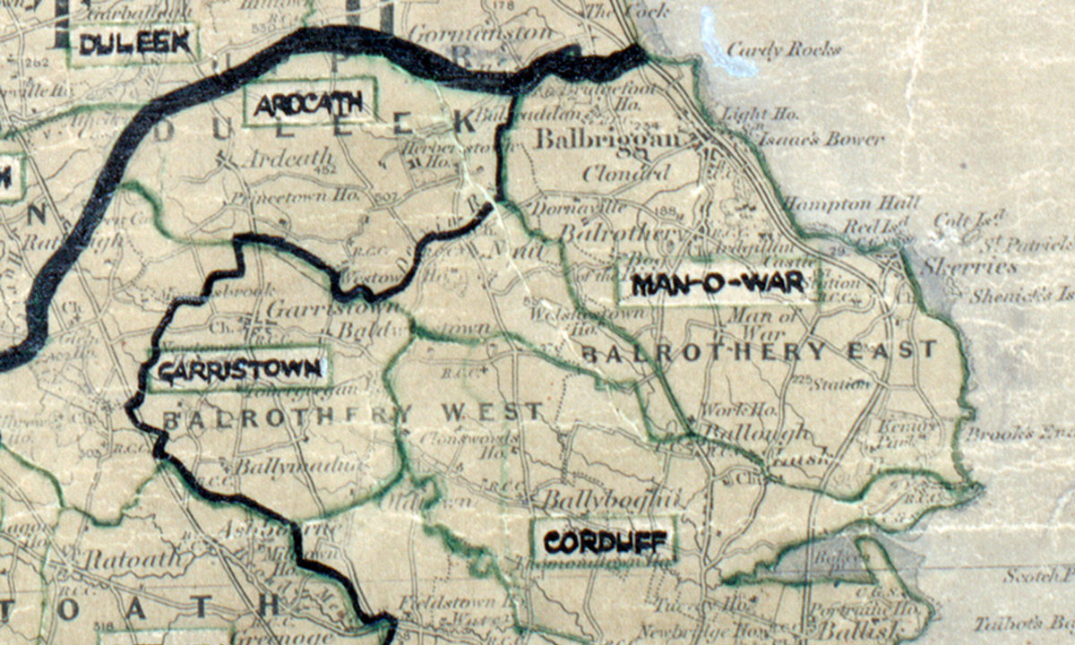 A scanned, worn historical map from the 1940s of the rural electrification area around Man O'War. A hand‑drawn boundary outlines the region, including Corduff, Ardcath and Garristown..