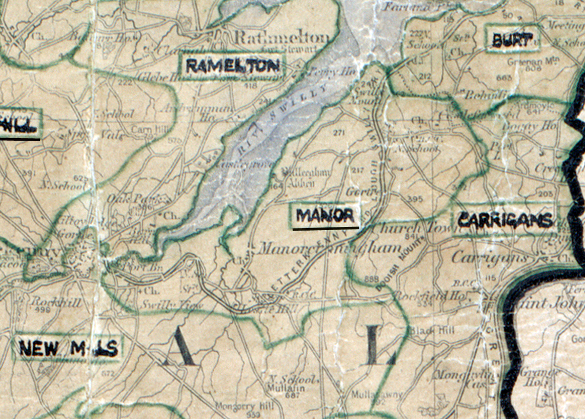 A scanned, worn historical map from the 1940s of the rural electrification area around Manor. A hand‑drawn boundary outlines the region, including Ramelton, Burt, Carrigans, and New Mills.