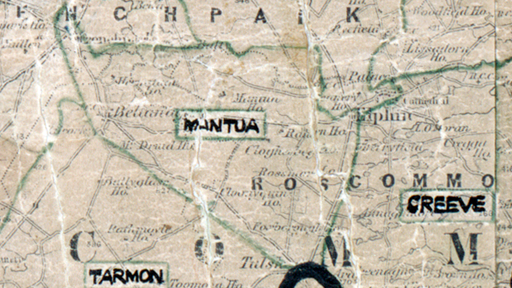 A scanned, worn historical map from the 1940s of the  rural electrification area around Mantua. A hand‑drawn boundary outlines the region, including Tarmon and Creeve.