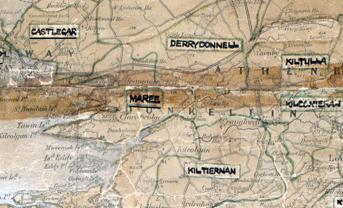 A scanned, worn historical map from the 1940s of the rural electrification area around Maree. A hand‑drawn boundary outlines the region, including Castlecar, Derrydonnell, Kiltulla, Kilternan, and Kilconieran.