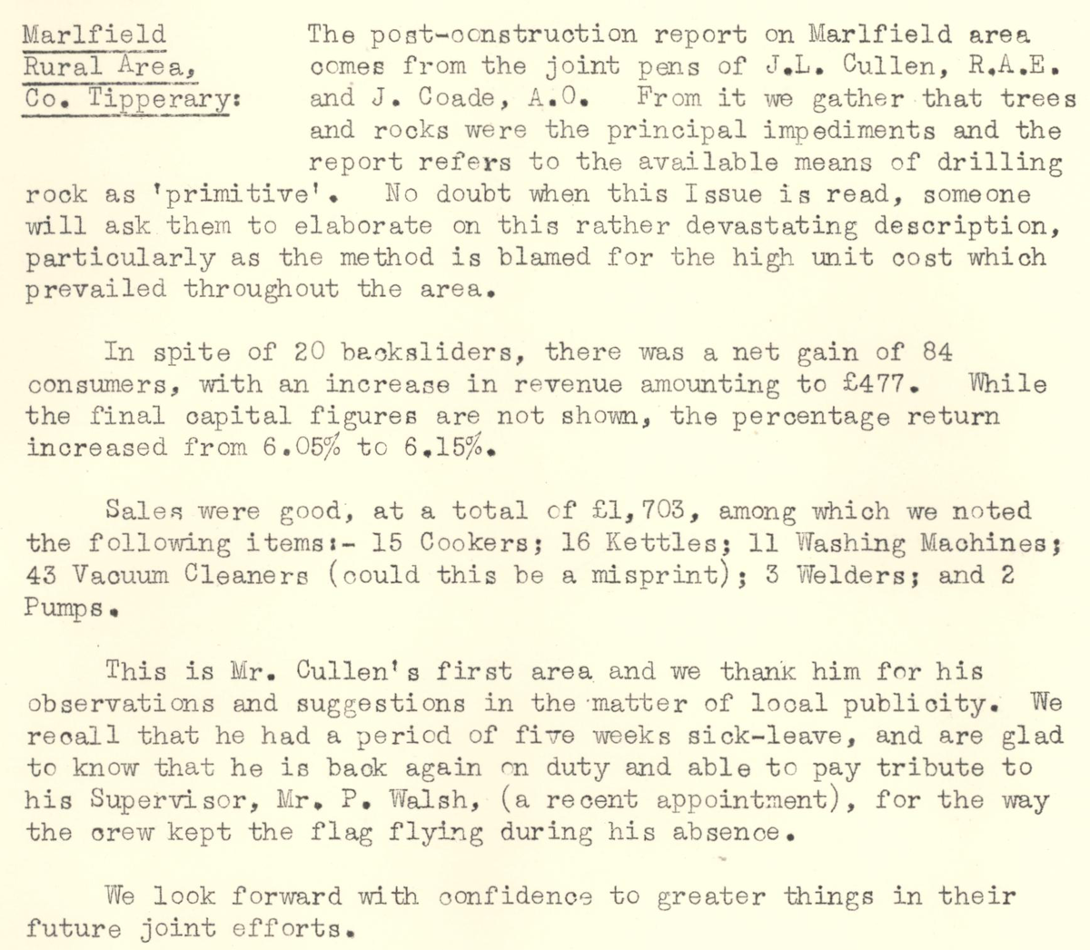 A scanned page from the ESB REO magazine about the Marlfield Rural Area