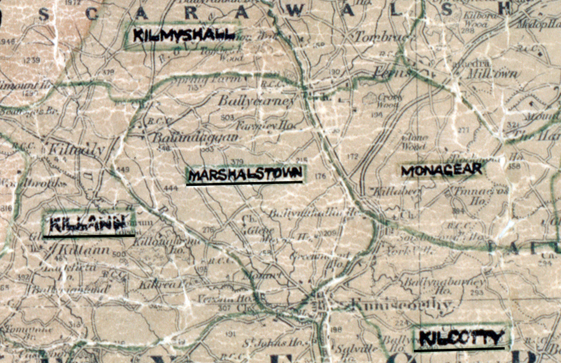 A scanned, worn historical map from the 1940s of the rural electrification area around Marshallstown. A hand‑drawn boundary outlines the region, including Kilmichael, Monagear, and Kilmashall.