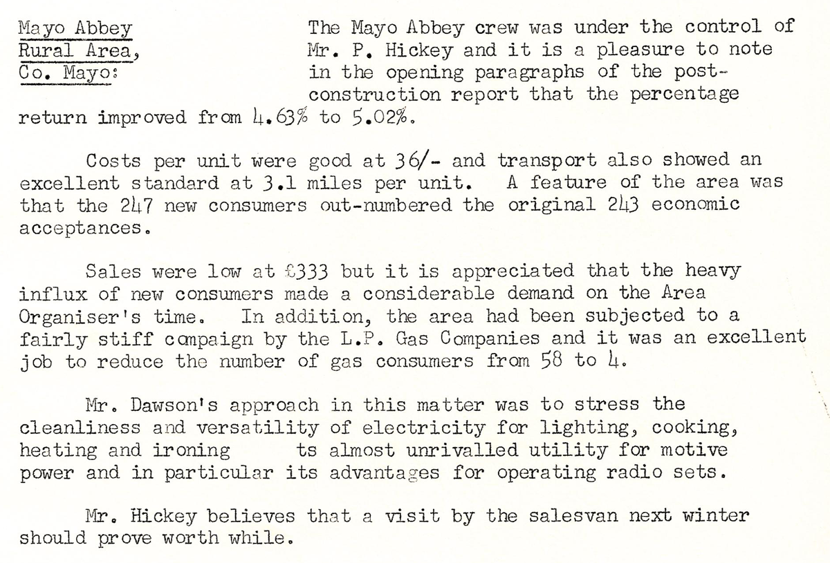 A scanned page from the ESB REO magazine about the Mayo Abbey Rural Area