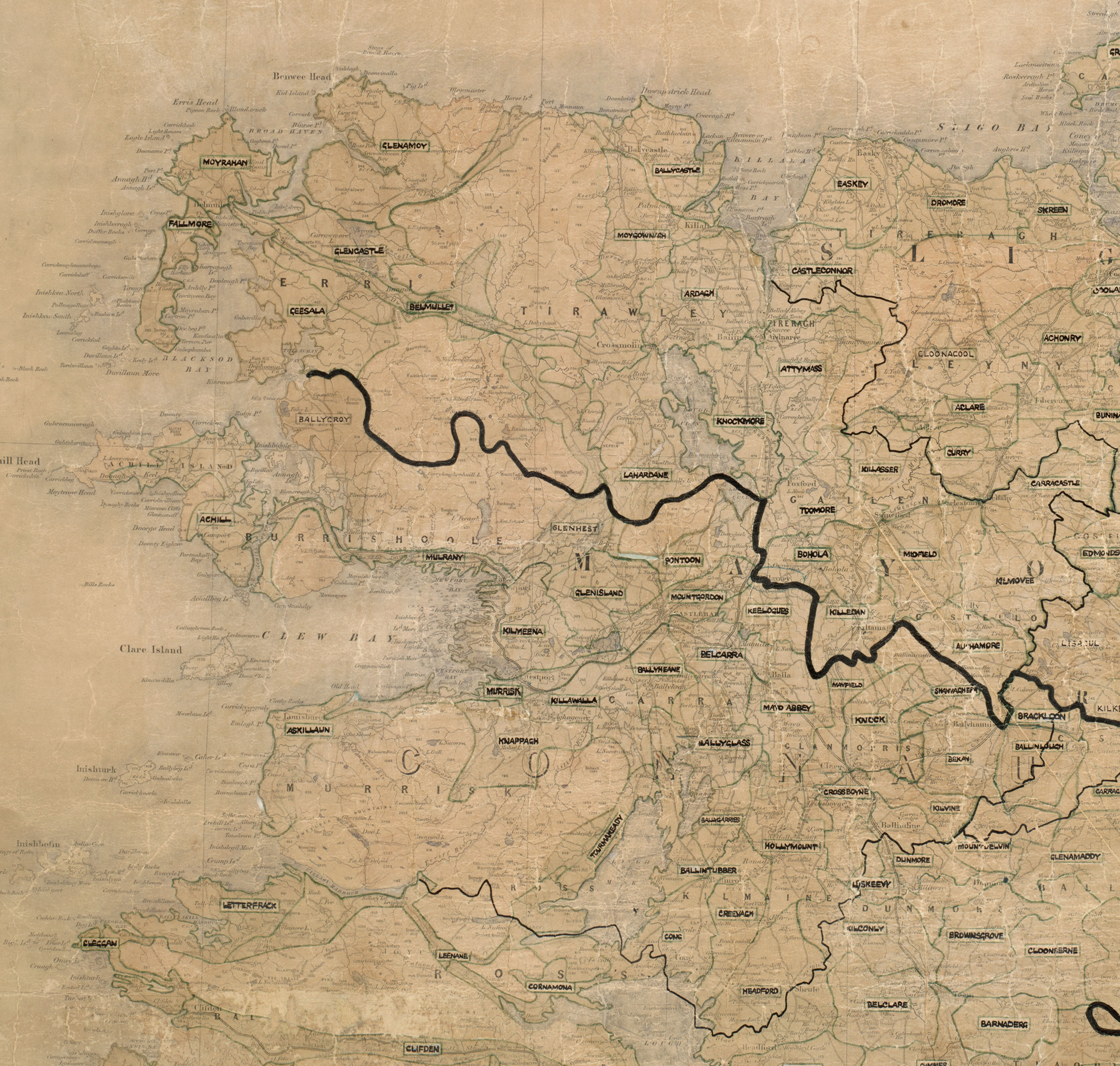 Map showing rural electrification area boundaries across County Mayo.