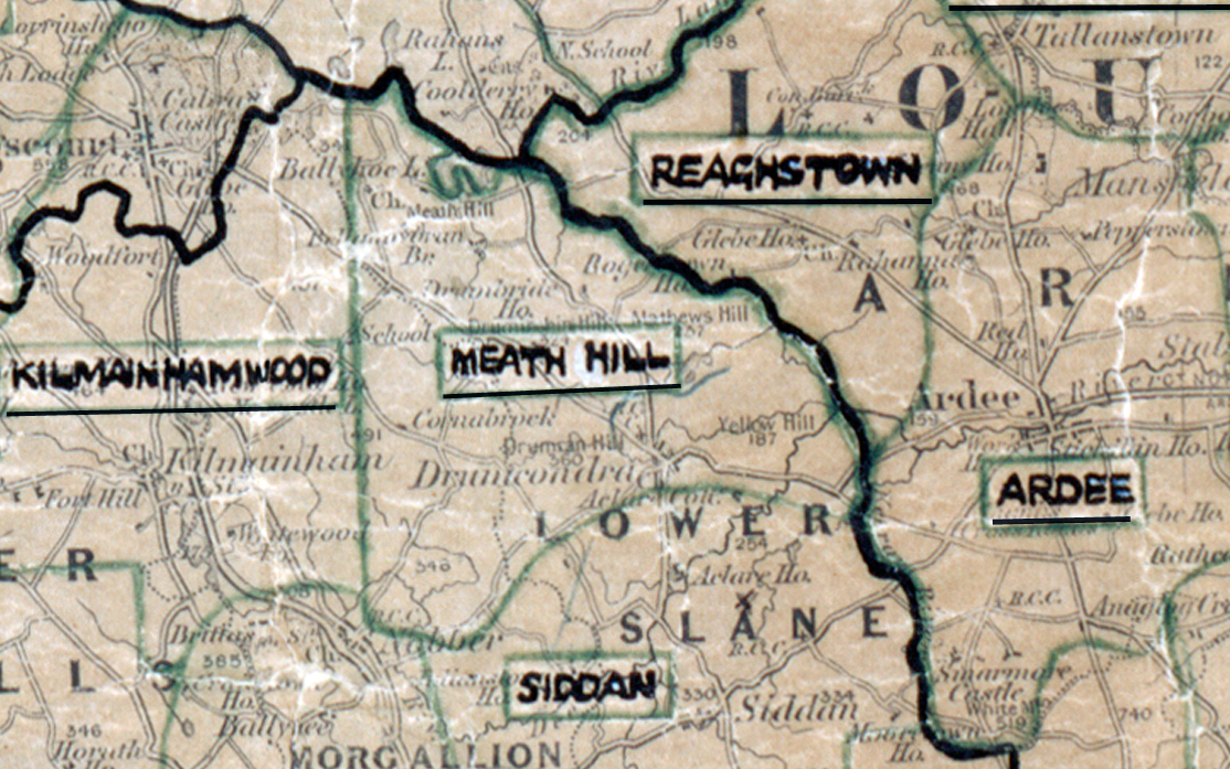 A scanned, worn historical map from the 1940s of the  rural electrification area around Meath Hill A hand‑drawn boundary outlines the region, including Reaghstown, Kilmainhamwood, Ardee and Siddan.