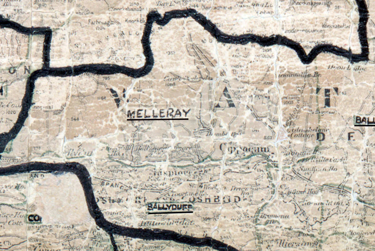 A scanned, worn historical map from the 1940s of the rural electrification area around Melleray. A hand‑drawn boundary outlines the region, including Ballyduff.