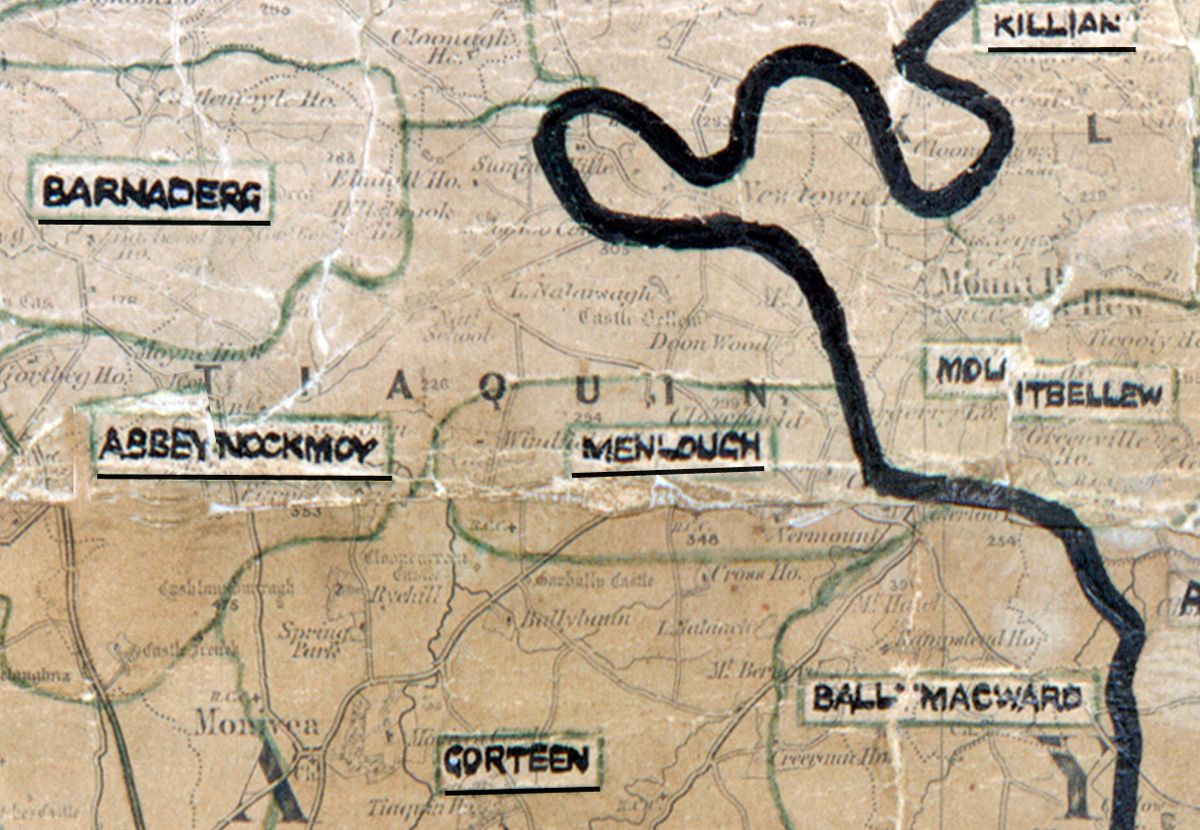 A scanned, worn historical map from the 1940s of the rural electrification area around Menlough. A hand‑drawn boundary outlines the region, including Barnaderg, Abbeyknockmoy, Killian, Mountbellew, Ballmacward, and Gorteen.