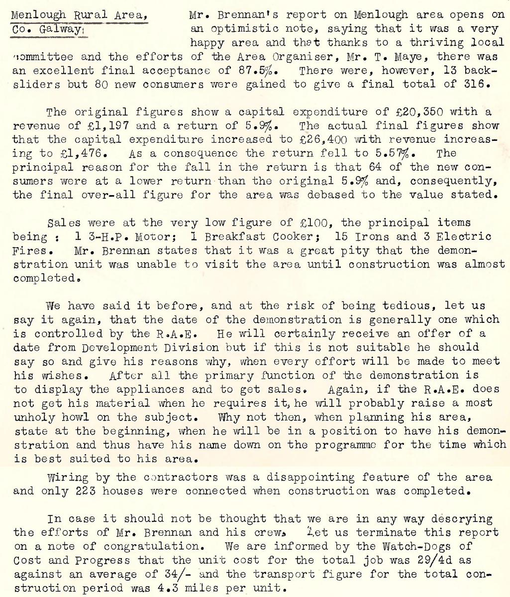 A scanned page from the ESB REO magazine about the Menlough Rural Area