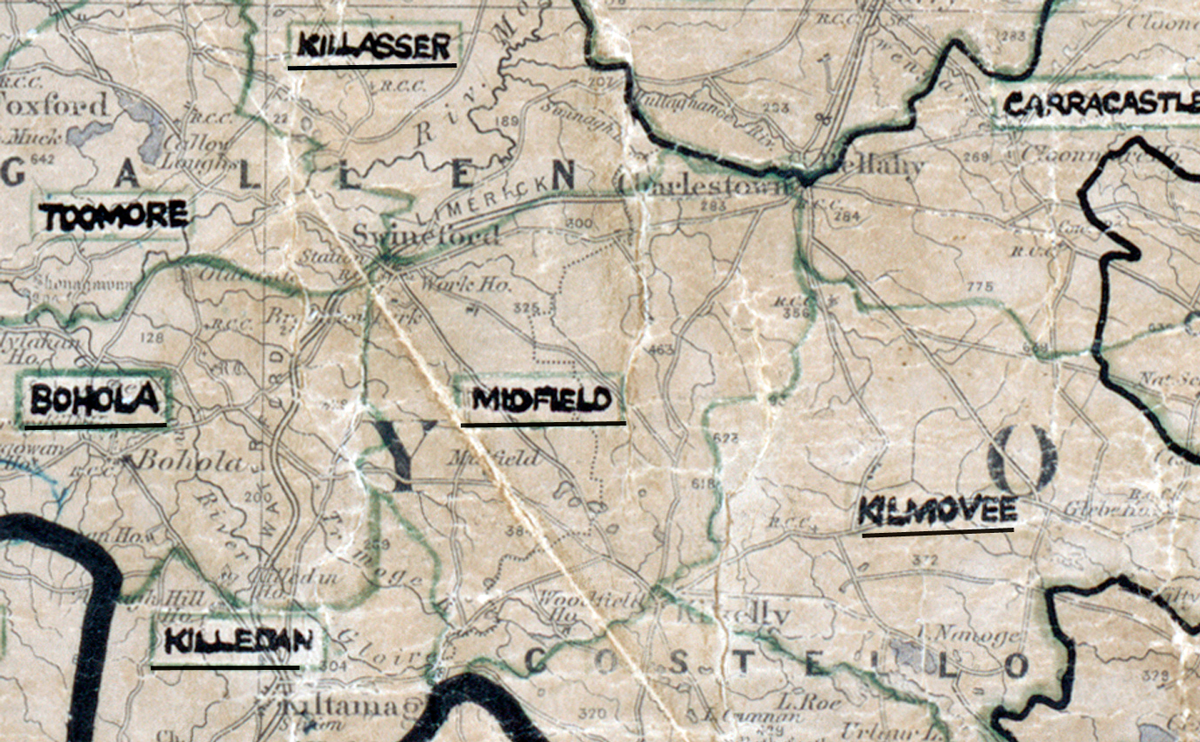 A scanned, worn historical map from the 1940s of the rural electrification area around Midfield. A hand‑drawn boundary outlines the region, including Toomore, Bohola, Killasser, Killeen, Kilmovee, and Carracastle.