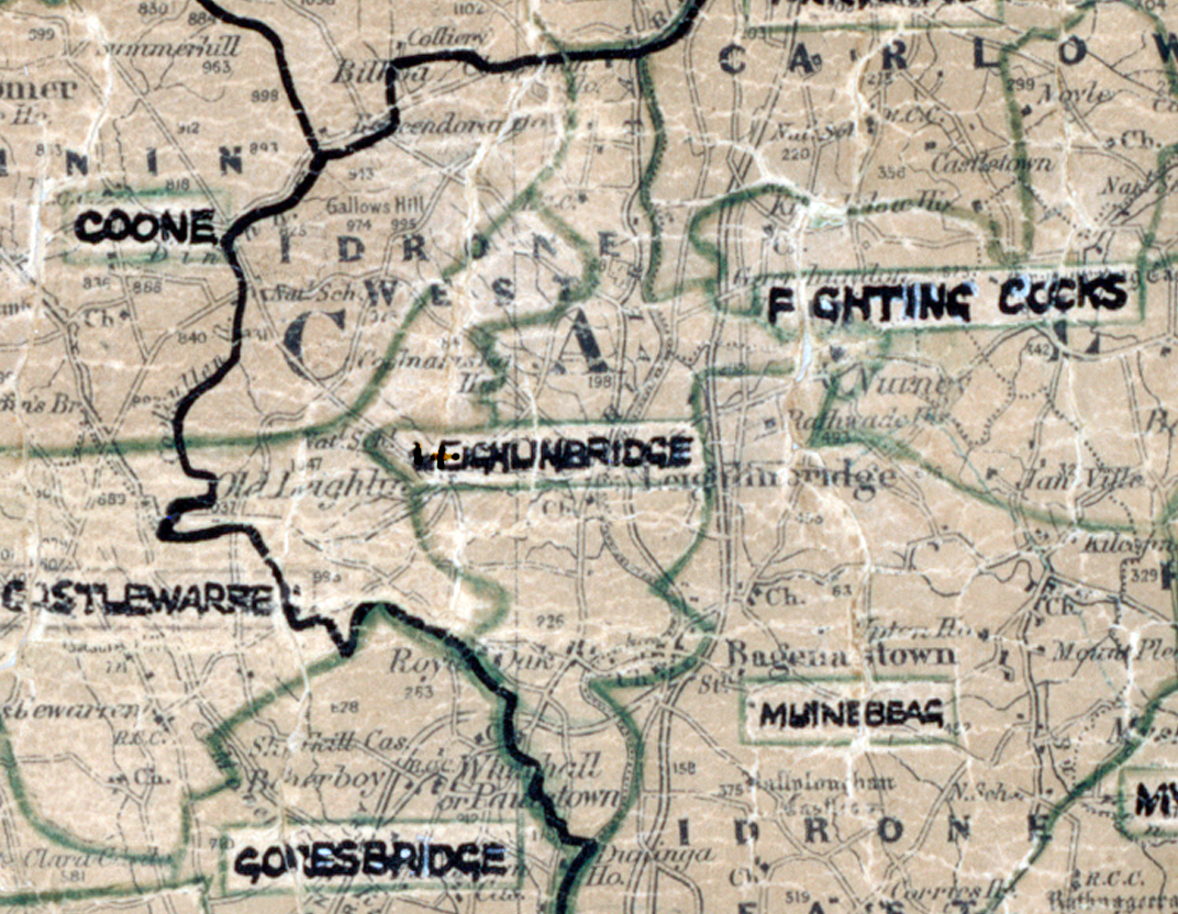 A scanned, worn historical map from the 1940s of the  rural electrification area around Milford/Leighlinbridge. A hand‑drawn boundary outlines the region, including Coone, Fighting cocks, Castlewarre, Muinebbag and Goresbridge.