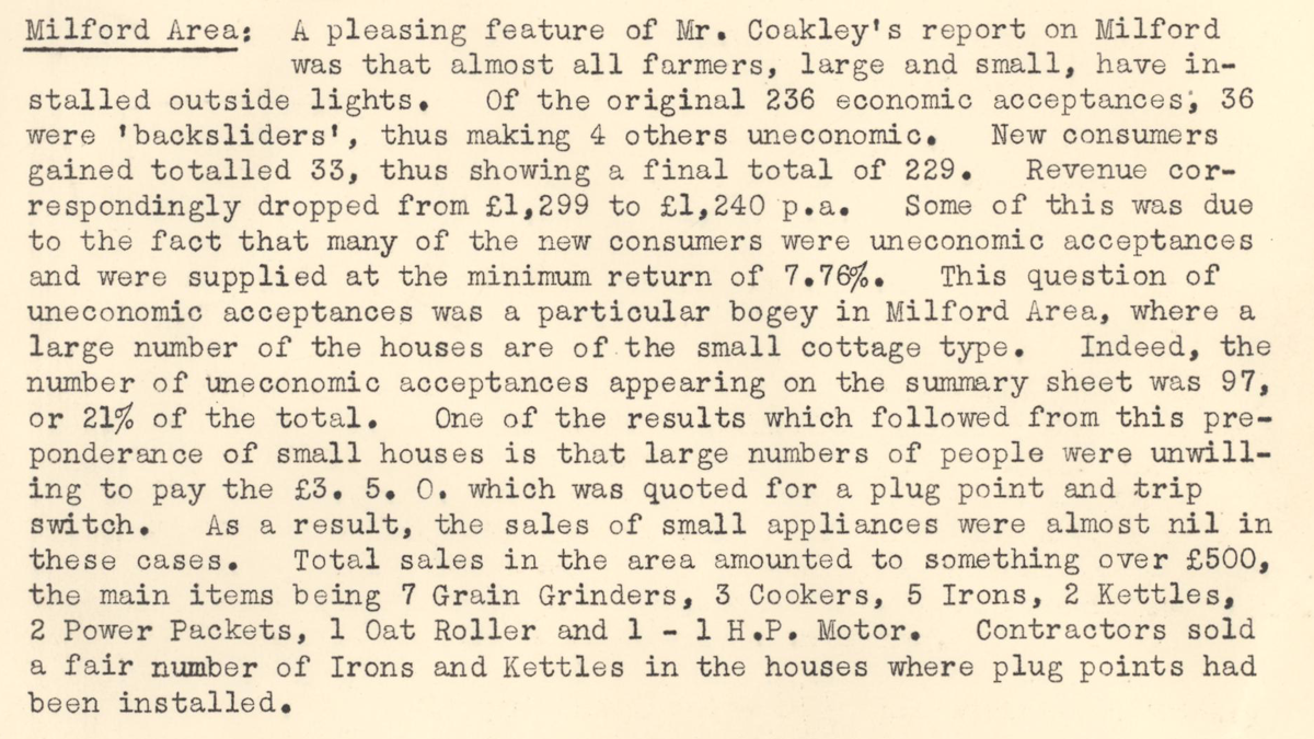 A scanned page from the ESB REO magazine about the Milford/Leighlinbridge Rural Area.