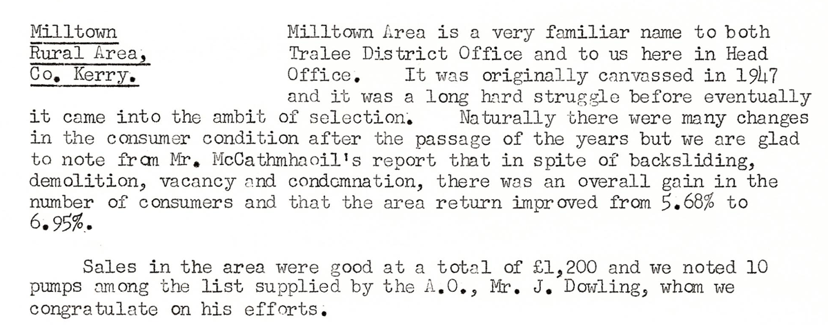A scanned page from the ESB REO magazine about the Milltown Rural Area.