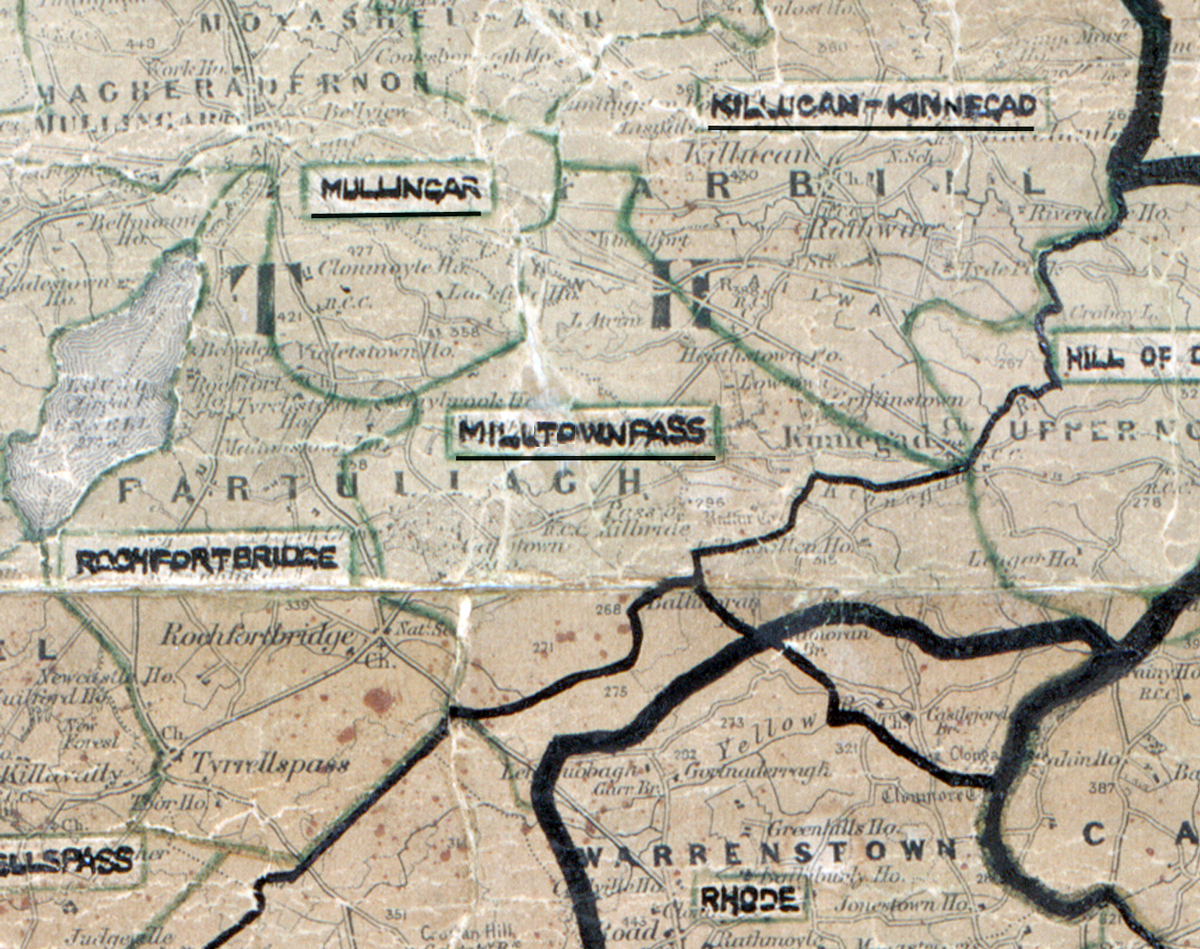A scanned, worn historical map from the 1940s of the  rural electrification area around Milltown. A hand‑drawn boundary outlines the region, including Keel, Glenbeigh, Firies and Beaufort.