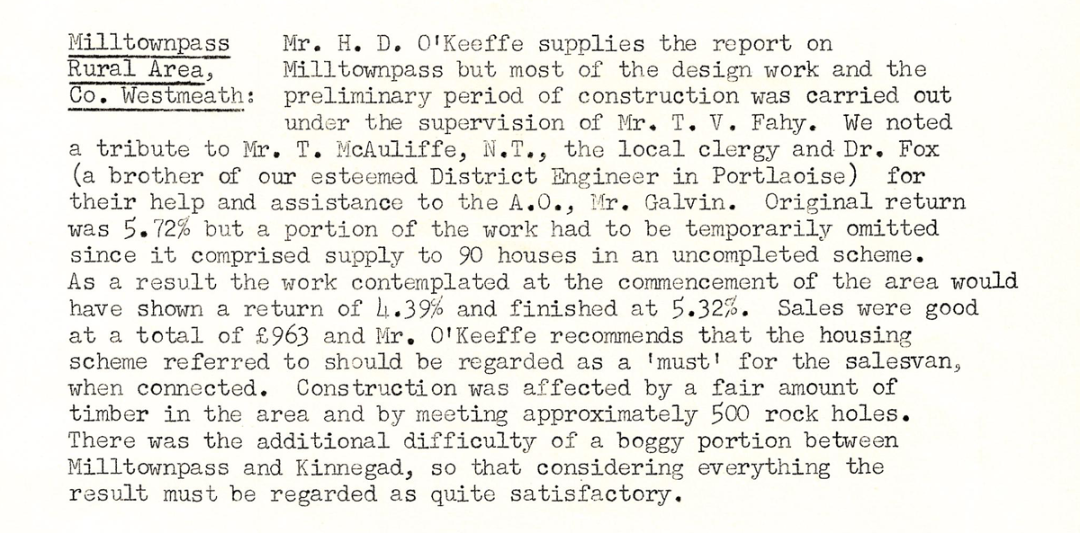 A scanned page from the ESB REO magazine about the Milltownpass Rural Area