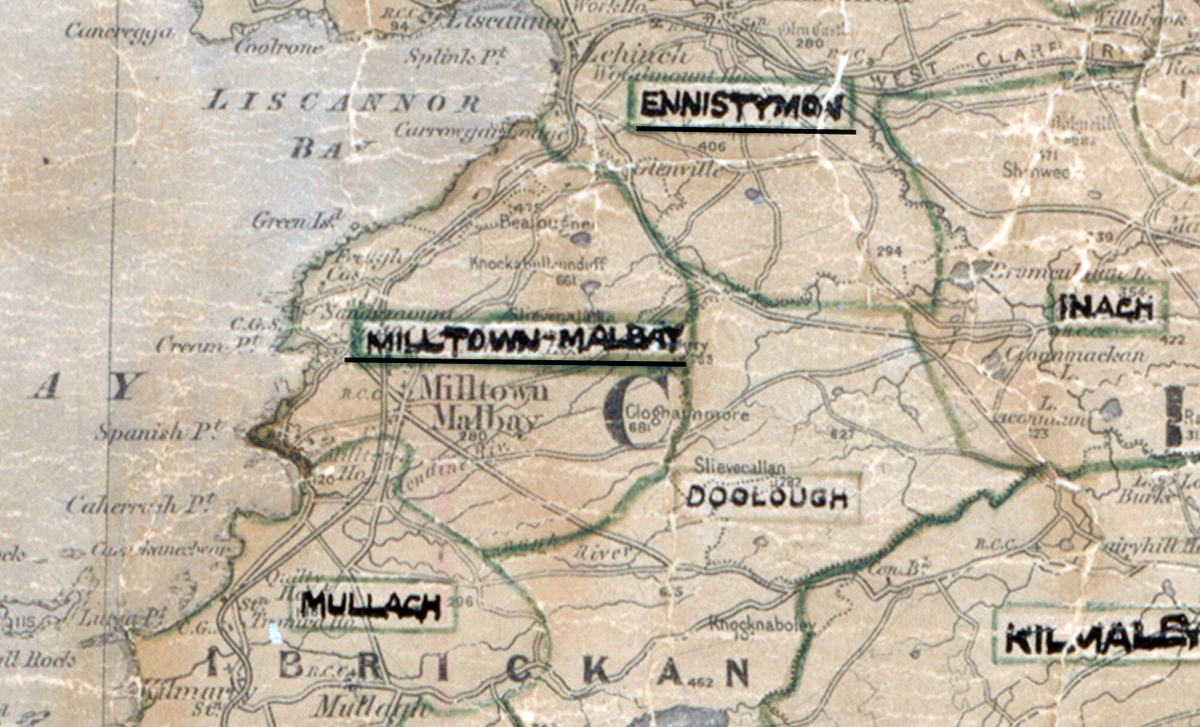 A scanned, worn historical map from the 1940s of the rural electrification area around Miltown Malbay. A hand‑drawn boundary outlines the region, including Ennistymon, Mullagh, Doolough, Inagh, and Kilmaley.