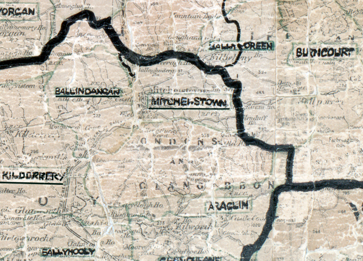 A scanned, worn historical map from the 1940s of the  rural electrification area around Mitchelstown. A hand‑drawn boundary outlines the region, including Ballindangan, Kildorrey, Ballyporeen, Budicourt, Sallyhooly and Aaglim.