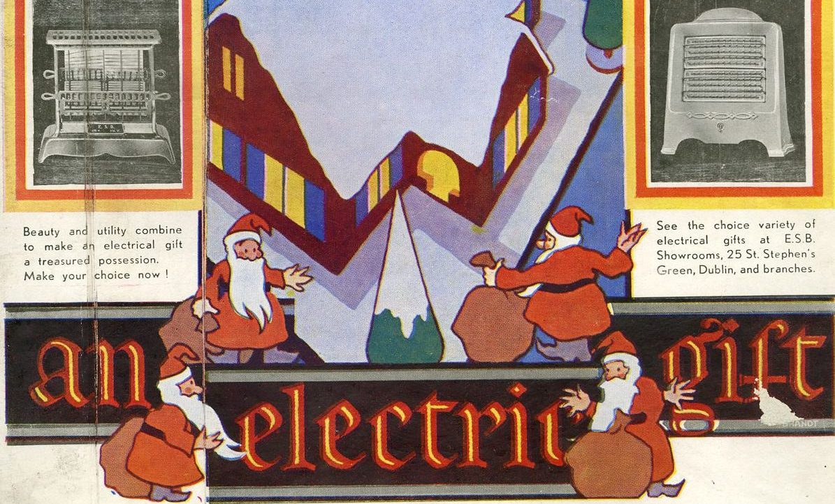 Colour ESB Christmas advertisement encouraging the purchase of electrical appliances as gifts, featuring illustrated festive figures carrying presents around the word “electricity”.