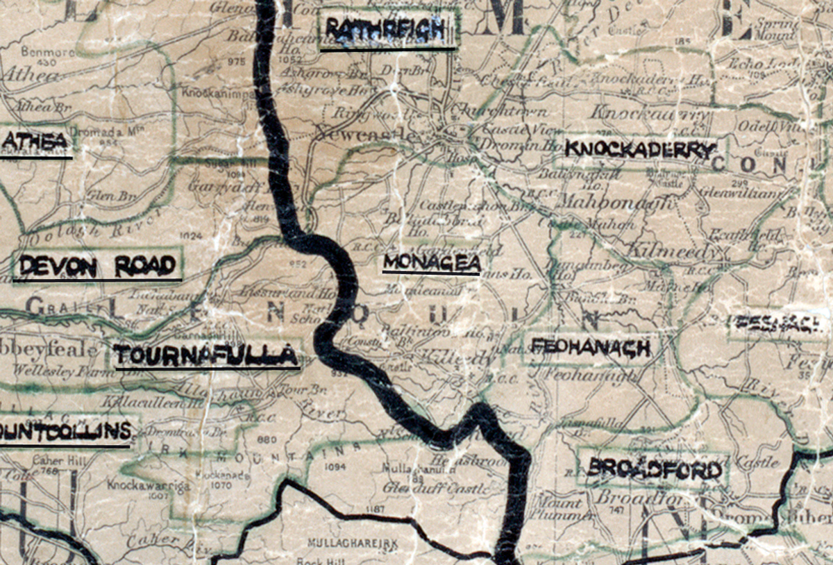 A scanned, worn historical map from the 1940s of the rural electrification area around Monagea. A hand‑drawn boundary outlines the region, including Rathreagh, Knockaderry, Feohanagh, Tournafulla, Devon Road, and Broadford.