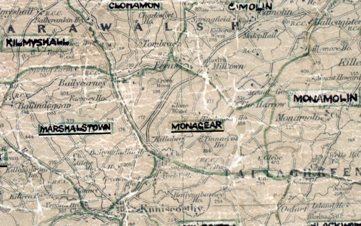 A scanned, worn historical map from the 1940s of the rural electrification area around Monagear. A hand‑drawn boundary outlines the region, including Kilmashall, Clonamon, Marshalstown, and Monamolin.