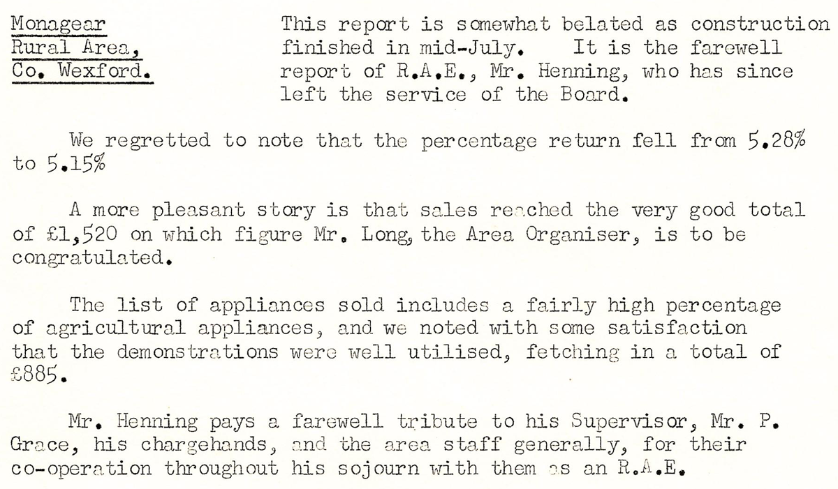 A scanned page from the ESB REO magazine about the Monagear Rural Area