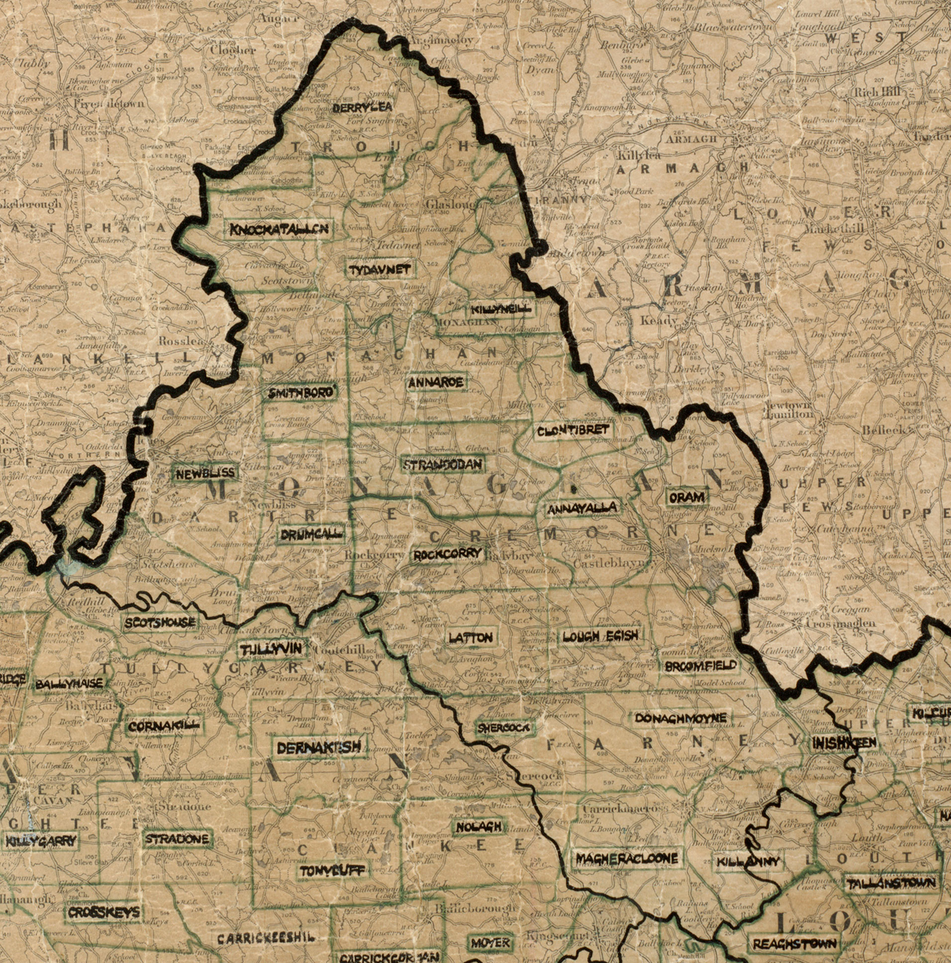 Map showing rural electrification area boundaries in County Monaghan.