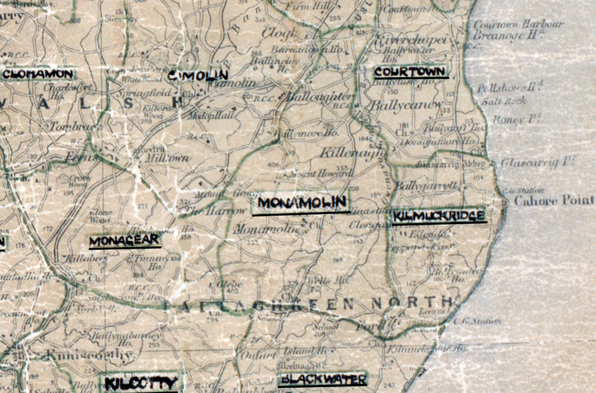 A scanned, worn historical map from the 1940s of the rural electrification area around Monamolin. A hand‑drawn boundary outlines the region, including Clonamon, Camolin, Courtown, Monageer, Kilmuckridge, Kilcoty, and Blackwater.