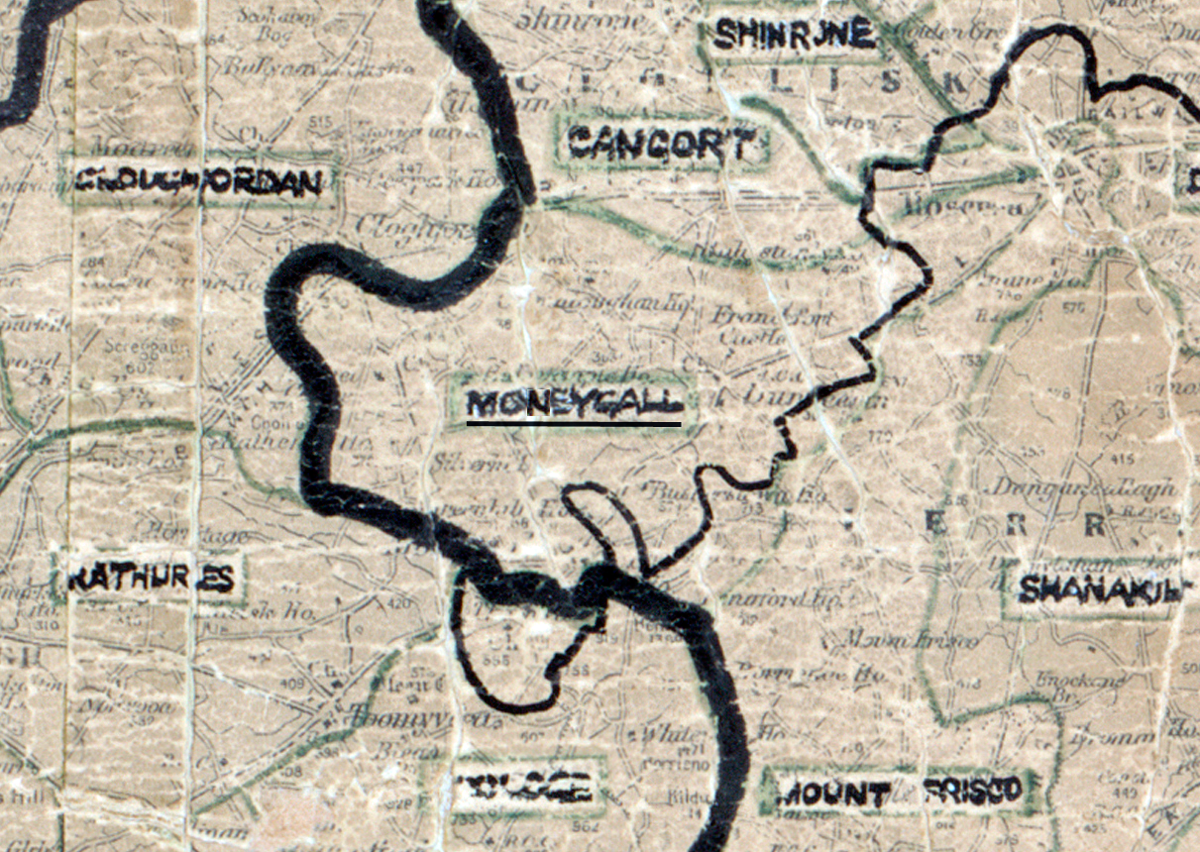 A scanned, worn historical map from the 1940s of the rural electrification area around Moneygall. A hand‑drawn boundary outlines the region, including Cloghjordan, Shinrone, Cangort, Rathurles, Roscrea, and Shanagh.