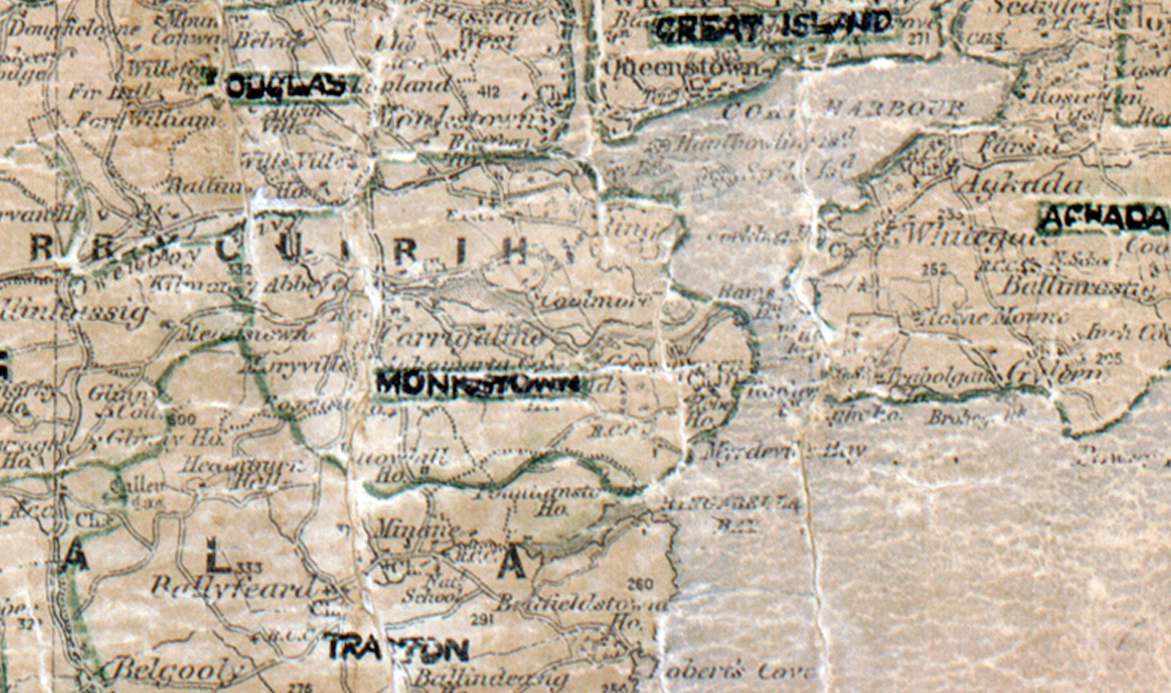 A scanned, worn historical map from the 1940s of the  rural electrification area around Monkstown. A hand‑drawn boundary outlines the region, including Oultas, Great Island, Achada and Trafton.