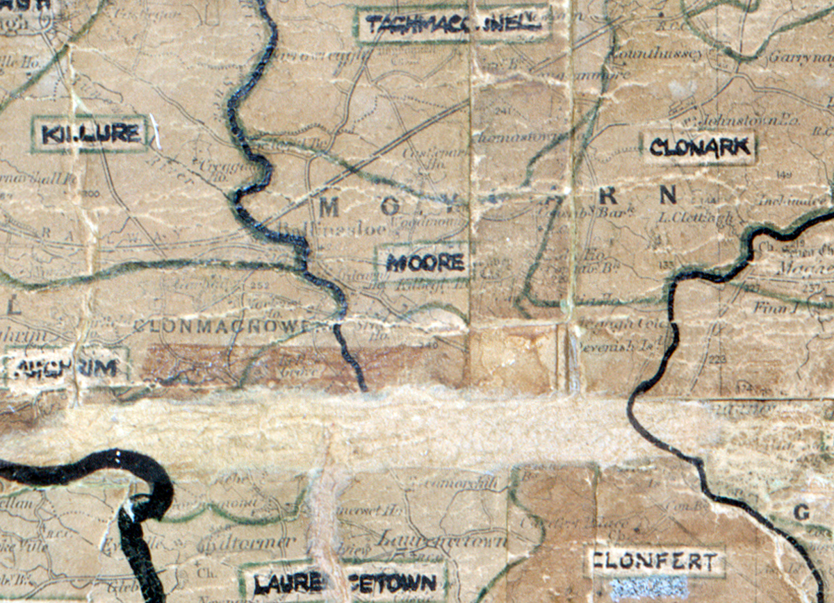 A scanned, worn historical map from the 1940s of the  rural electrification area around Moore. A hand‑drawn boundary outlines the region, including Killure, Clonark, Taghmaconnell and Clonfert.