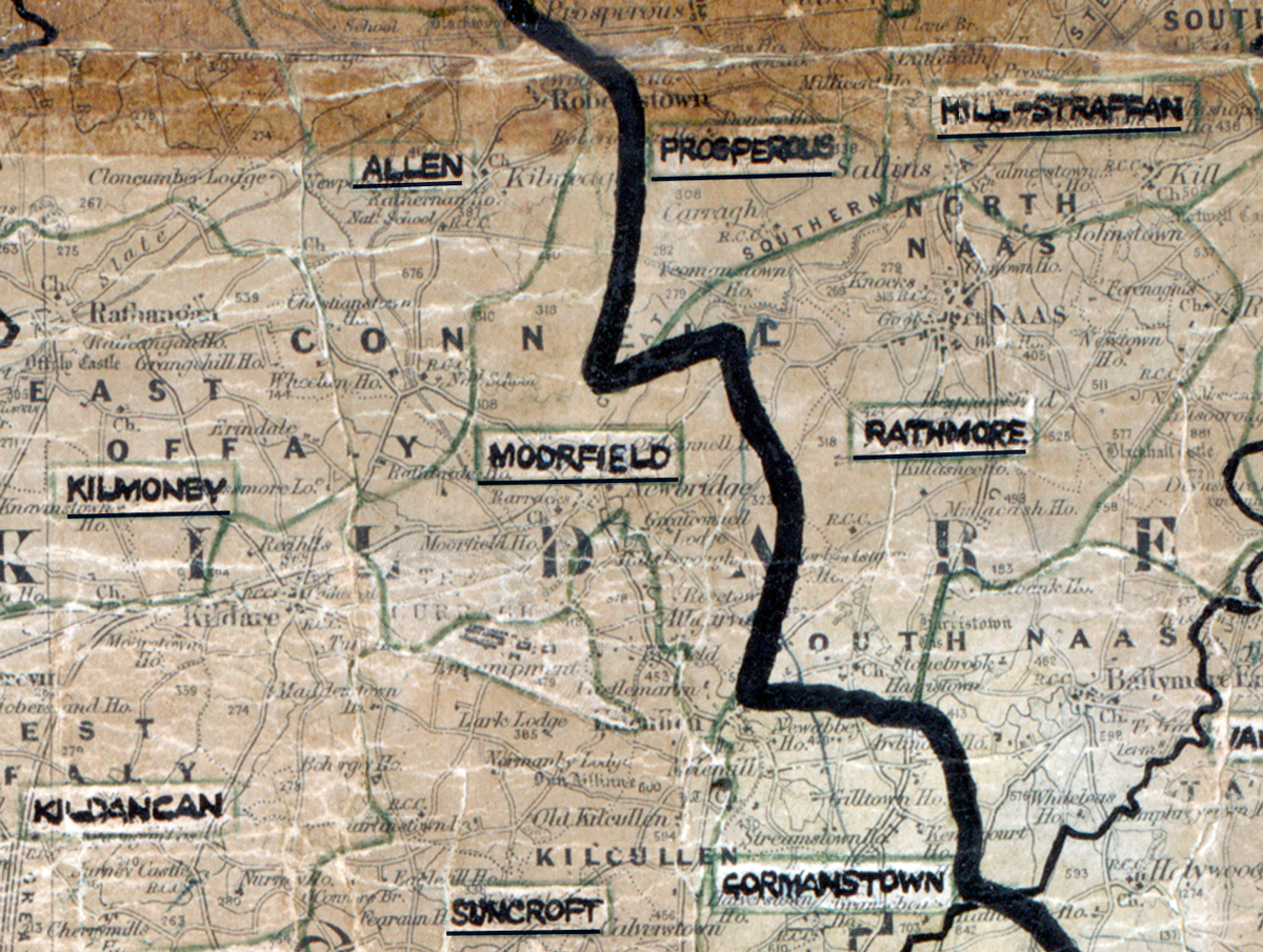 A scanned, worn historical map from the 1940s of the  rural electrification area around Moorfield. A hand‑drawn boundary outlines the region, including Allen, Prosperous, Kilmoney, Kildancan, Kill-straffan, Suncroft and Gormanstown.