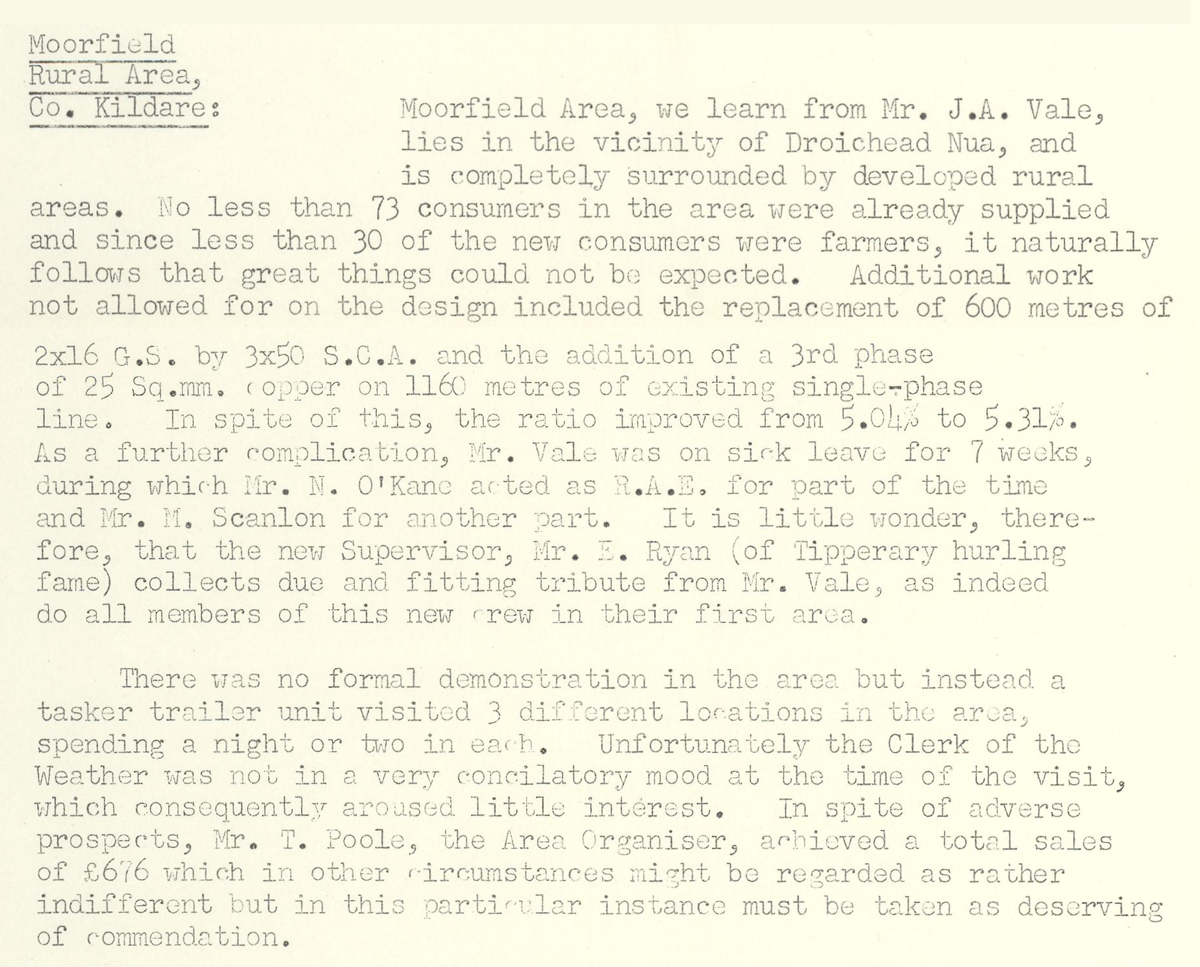 A scanned page from the ESB REO magazine about the Moorfield Rural Area.