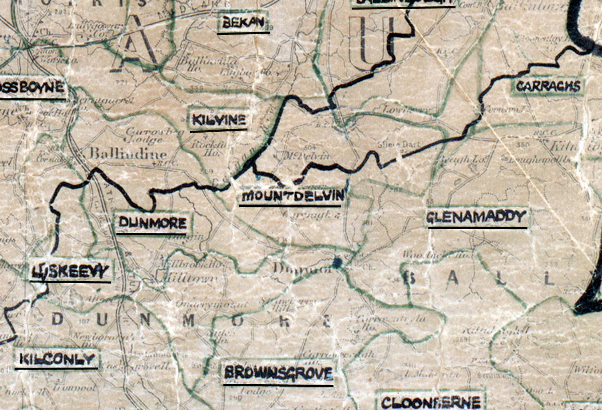 A scanned, worn historical map from the 1940s of the  rural electrification area around Mount Delvin. A  hand‑drawn boundary outlines the region.