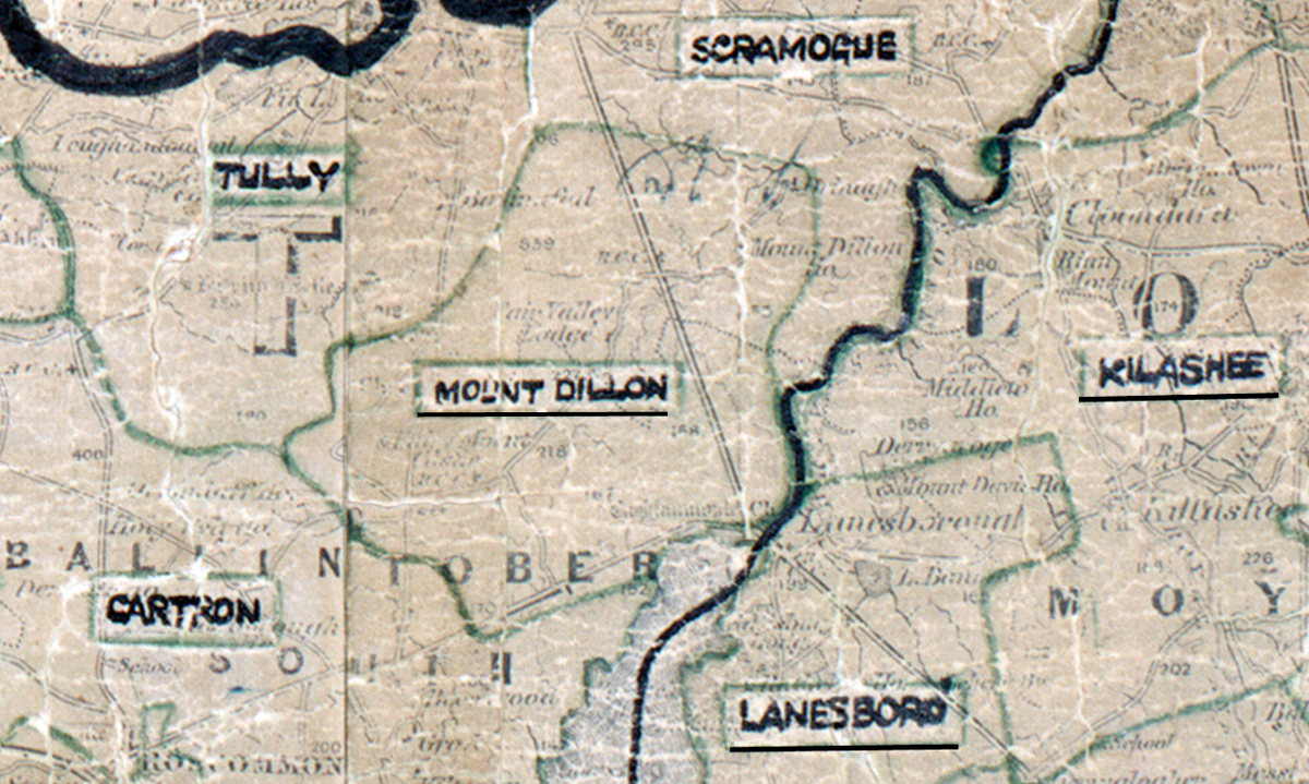 A scanned, worn historical map from the 1940s of the  rural electrification area around Mount Dillon. A  hand‑drawn boundary outlines the region.