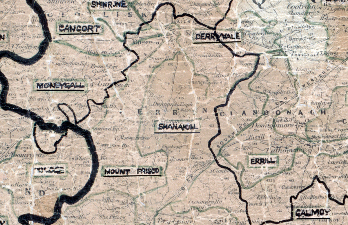 A scanned, worn historical map from the 1940s of the rural electrification area around Mount Frisco. A hand‑drawn boundary outlines the region, including Shinrone, Cangort, Moneygall, Shanakill, Derryvale, Errill, and, Galmoy.